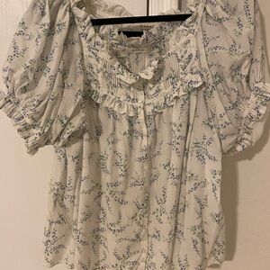 Doen Cream and Purple Floral Blouse